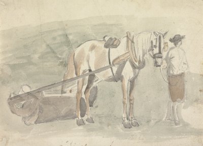 Man with a horse harnessed to a roller by Sawrey Gilpin